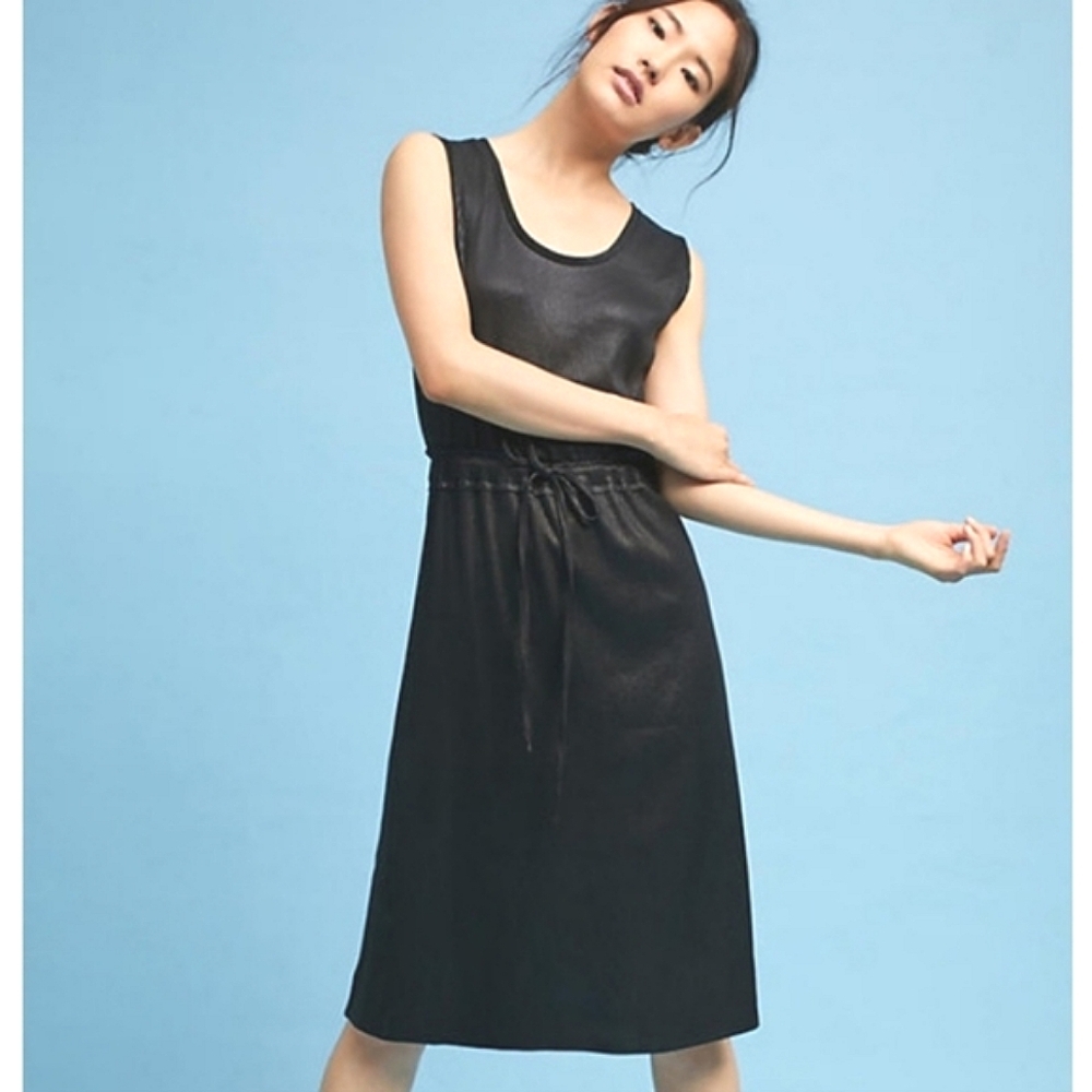 NWT Anthropologie Dolan Metallic Black Knit Drawstring Waist Ribbed Dress SM P